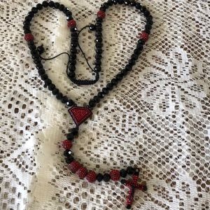Black red CZ rosary cross Jesus long necklace